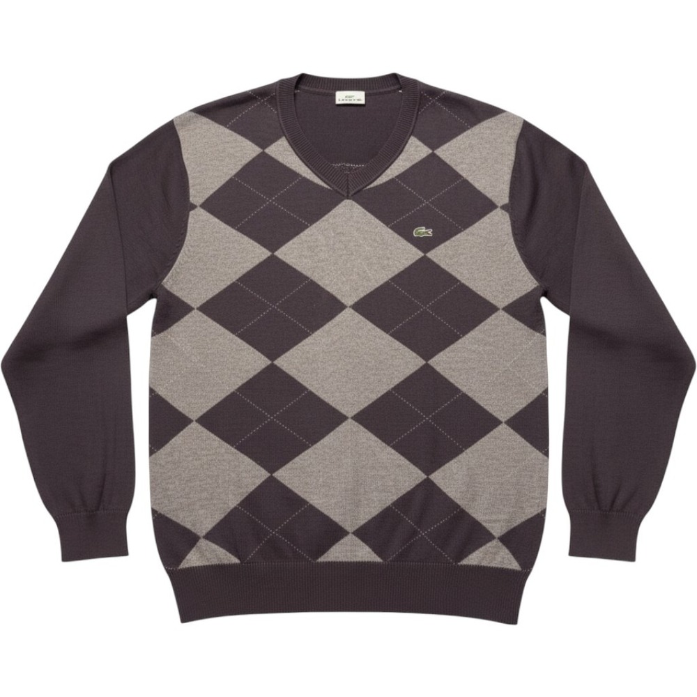 Lacoste Mens Argyle V-Neck Sweater Brown Grey 100% Cotton Size 7 XL
